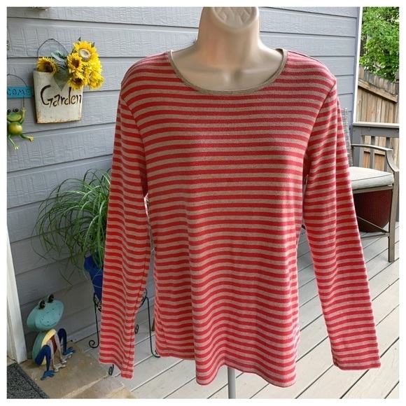 #47 Croft & Barrow Classic Tee Tan Beige Coral Striped Blouse Shirt Top Tunic - Picture 2 of 2